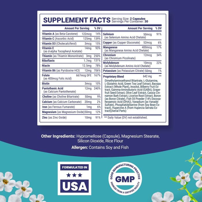 Supplement facts label – includes Ginkgo, Bacopa, B12, and Phosphatidylserine.