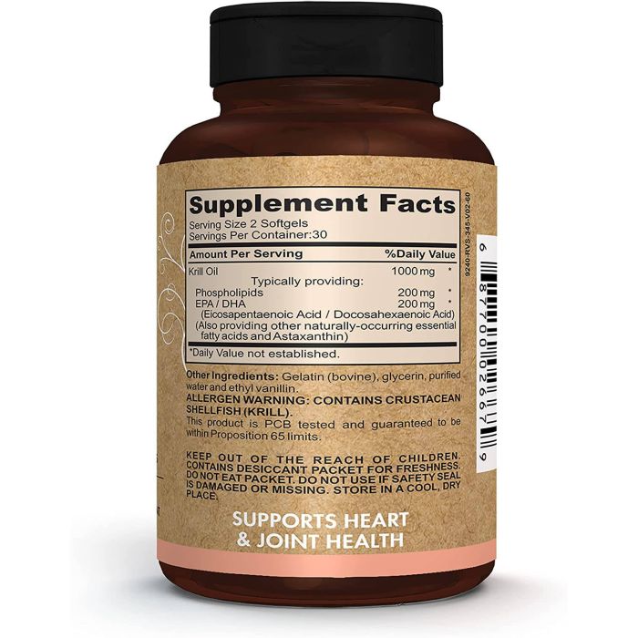 "Supplement facts label of krill oil showing EPA, DHA, and antioxidant content"