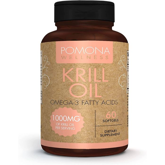 "Red softgel capsules of Pomona Krill Oil for brain, heart, and joint support"