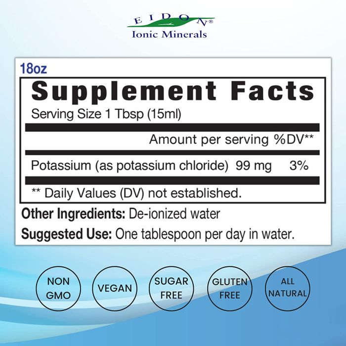 Supplement Facts label of Eidon Potassium Liquid – 99 mg per serving