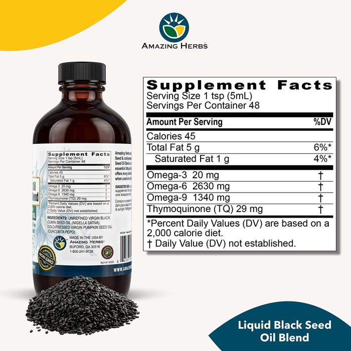 "Cold-pressed oil blend label showing supplement facts and dosage instructions"