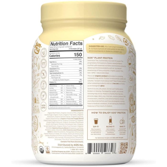 KOS Organic Plant Protein Powder Vanilla Flavored 39.15 Oz Vegan
