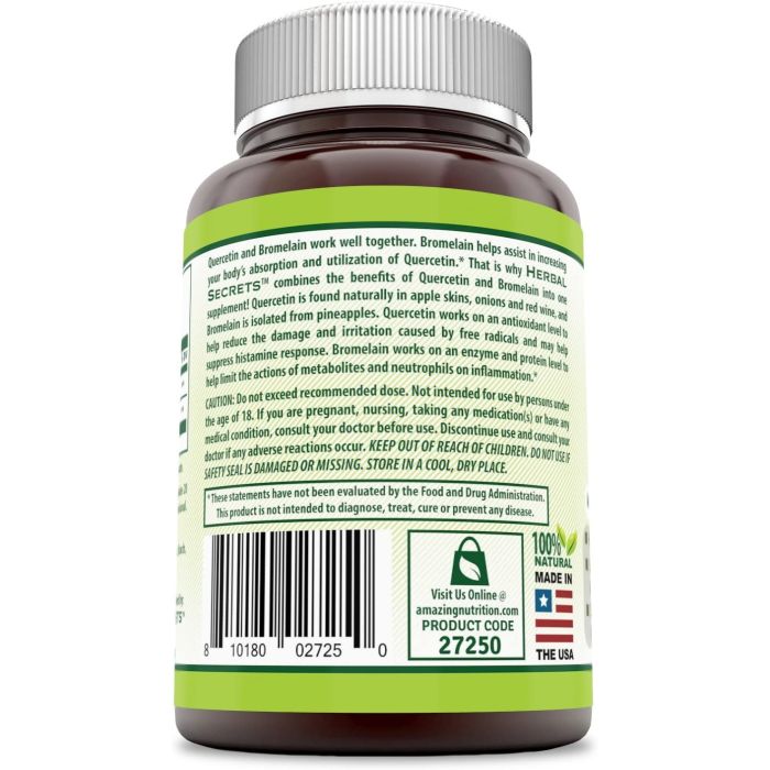 Herbal Secrets Quercetin & Bromelain label – Non-GMO, vegan, gluten-free immune health blend
