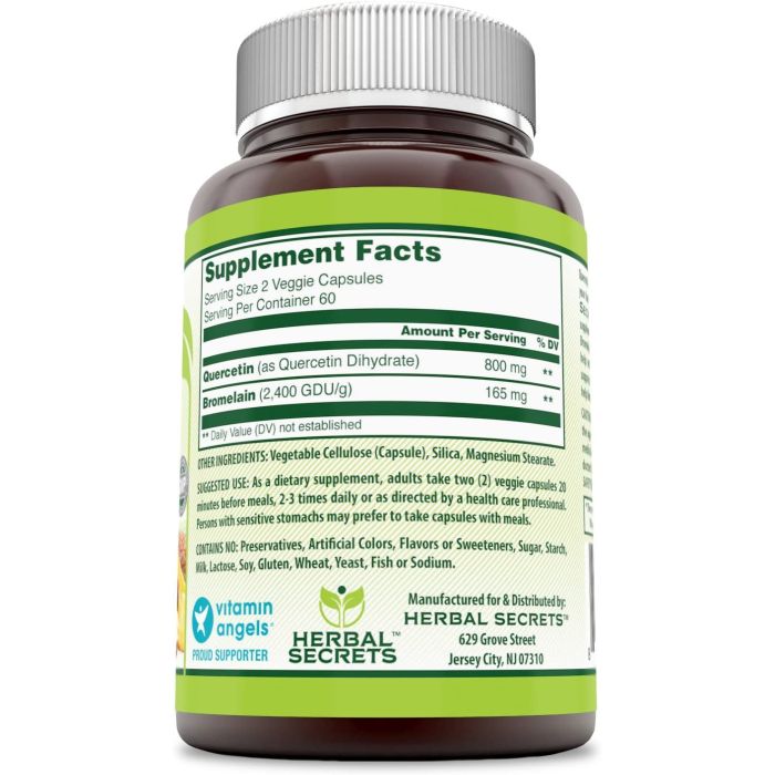 Herbal Secrets Quercetin & Bromelain label – Non-GMO, vegan, gluten-free immune health blend