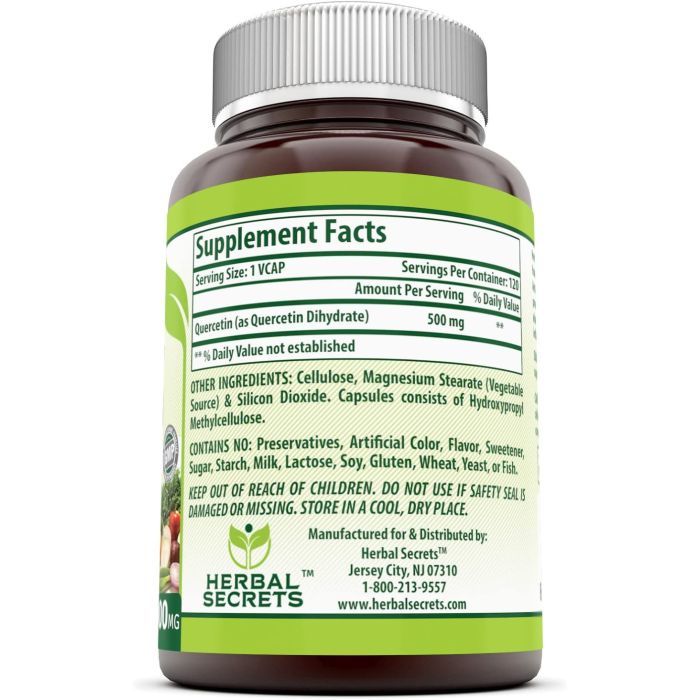 Supplement facts panel of Quercetin 500 mg – high-potency flavonoid for inflammation support