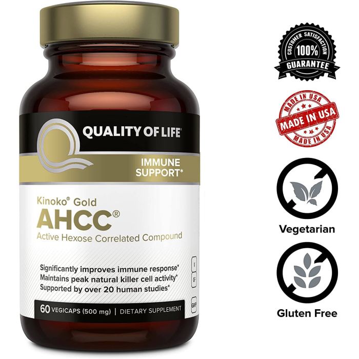 Supplement facts for Kinoko Gold AHCC Immune Support – featuring AHCC® 500 mg, Vitamin C, and Magnesium.