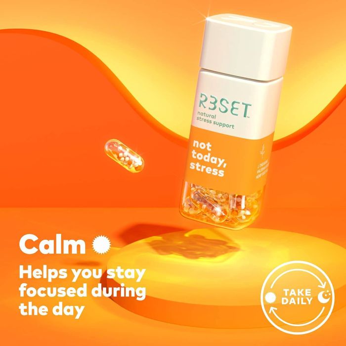 Vegan and caffeine-free icons on R3SET Day Calm box