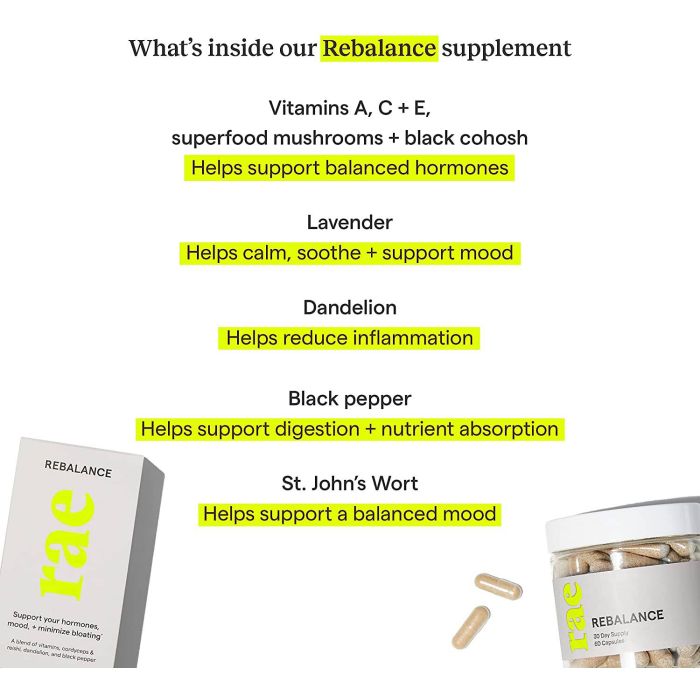 RAE Rebalance ingredients – Chaste Tree Extract and DIM for effective estrogen regulation and hormone support.

