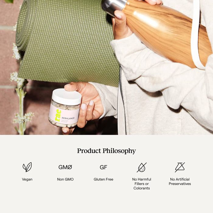 RAE Rebalance bottle – 60 veggie capsules for supporting women’s hormonal balance and menstrual health.