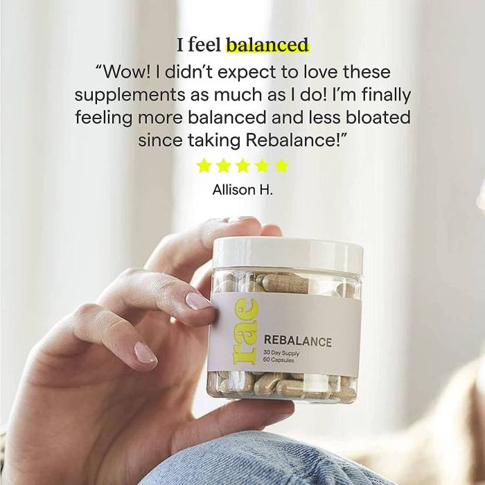 RAE Rebalance product label – balance hormones, reduce PMS, and regulate estrogen with Chaste Tree and DIM, 60 veggie capsules.