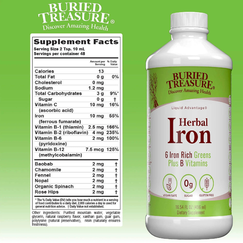 Buried Treasure Herbal Iron formula in 16 oz bottle for iron wellness support