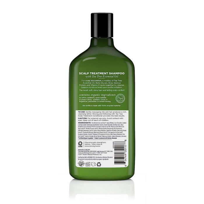 "Front label of Avalon Organics Tea Tree Shampoo – vegan and cruelty-free formula"