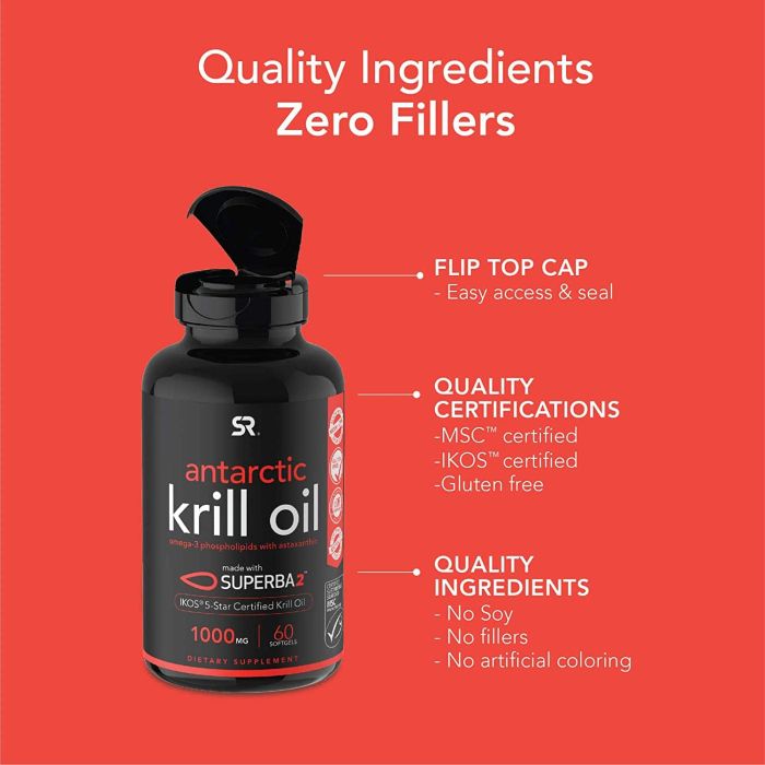 "Supplement facts panel showing EPA, DHA, phospholipids, and astaxanthin content per softgel of Superba2 krill oil"