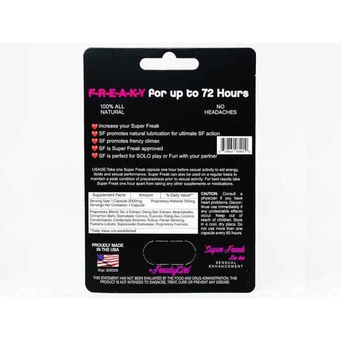Super Freak For Her 3000 mg Sensual Enhancement Pill bottle front — female libido booster made in USA.
