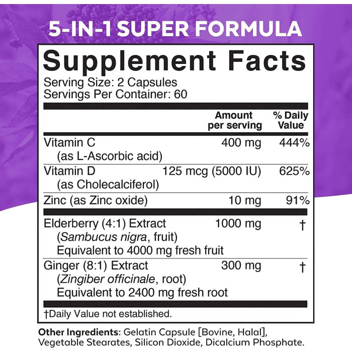 "Viva Naturals Elderberry immune support capsules – 5-in-1 formula with zinc and vitamin C, 120 count"
