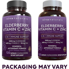 "Supplement facts panel for Viva Naturals immune support showing elderberry, ginger, and vitamin D3"