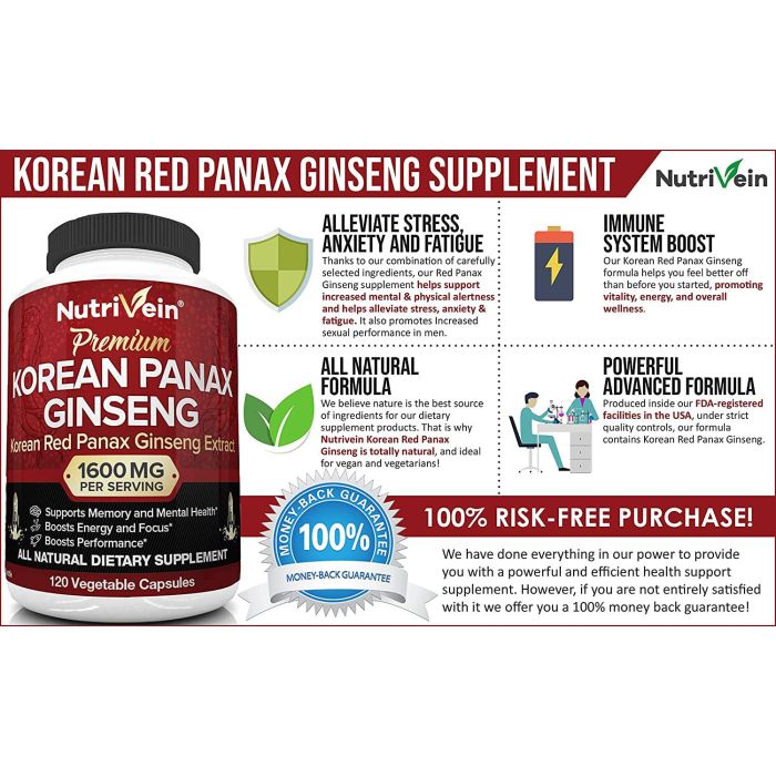 Nutrivein Pure Korean Red Panax Ginseng Energy Boost 120 Veggie Caps