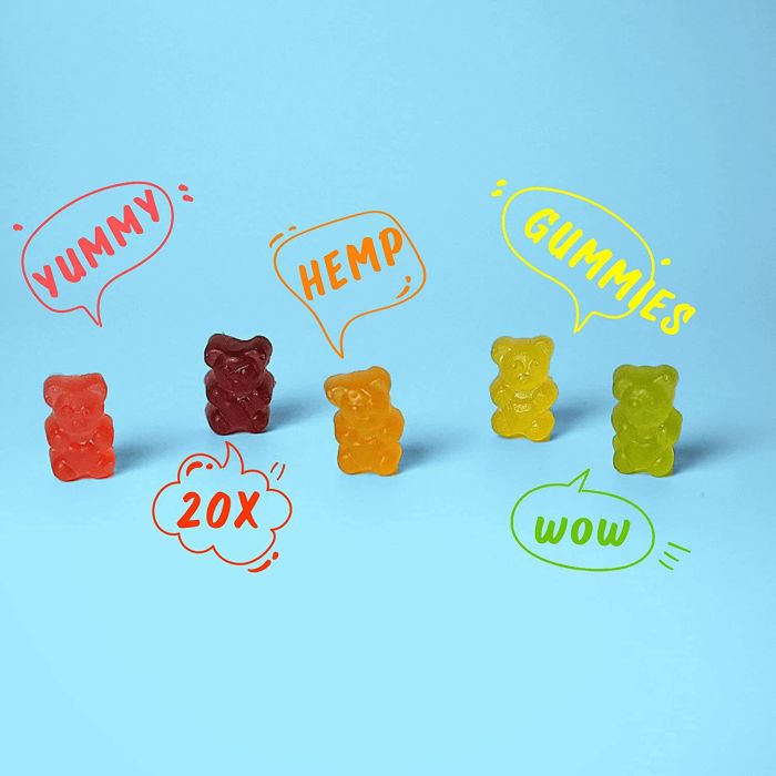 Five vibrant gummy bears on a blue background have speech bubbles: Red says Yummy, orange says Hemp Vitamin Gummies, yellow says Gummies, another orange says 20x, and green exclaims Wow. These Addot Welllife vegan gummies by supplementcorner are perfect for daily relaxation!.