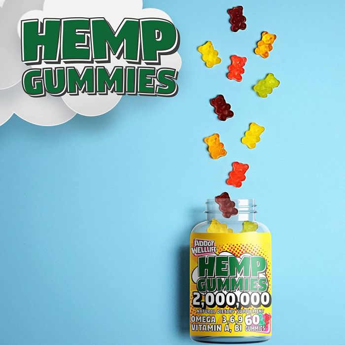 An Addot Welllife Hemp Vitamin bottle by supplementcorner spills colorful gummies onto a blue background. The label highlights 60 vegan gummies, omega fatty acids, and vitamins A and B. Large text reads HEMP GUMMIES with a cartoon cloud design—a perfect supplement for your daily relaxation boost.