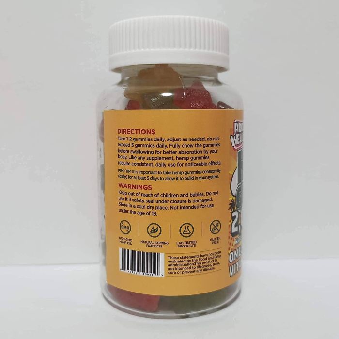 The transparent bottle of supplementcorners Addot Welllife Hemp Vitamin 60 Vegan Gummies features a white cap, an orange label with a cartoon character and certifications, offering directions and warnings for adults only. These gummies promote relaxation and are infused with Omega Fatty Acids.