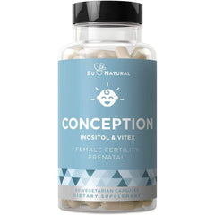The EU Natural Conception Fertility Prenatal Vitamins by supplementcorner offers hormonal balance and reproductive health support with Inositol & Vitex. The blue label with white text contains 60 vegetarian capsules to enhance female fertility and prenatal vitamin intake.