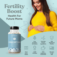 A pregnant woman in a yellow sweater smiles, touching her belly. Beside her is a bottle of supplementcorners Eu Natural Conception Fertility Prenatal Vitamins. It features pure, clinically proven ingredients, FDA registered, third-party tested, and cGMP certified for optimal reproductive health.
