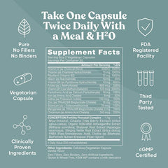 The label for supplementcorners Eu Natural Conception Fertility Prenatal Vitamins (60 Veggie Caps) features a teal background. It advises taking one capsule twice daily with a meal and water. Highlights: FDA registered facility, third-party tested, clinically proven hormonal balance support, vegetarian capsules, pure ingredients, cGMP certified.