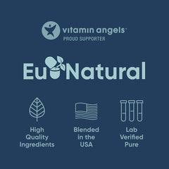 Graphic showcasing Eu Natural Conception Fertility Prenatal Vitamins by supplementcorner, with the u styled as vitamins, highlighting hormonal balance support. It features logos for Vitamin Angels Proud Supporter and icons for High Quality Ingredients, Blended in the USA, and Lab Verified Pure.
