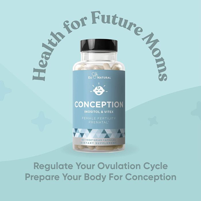 A clear bottle of supplementcorners EU Natural Conception Fertility Prenatal Vitamins features a light blue label highlighting Inositol and Vitex. It supports hormonal balance, regulates ovulation cycles, and promotes reproductive health for future moms with 60 veggie capsules inside.
