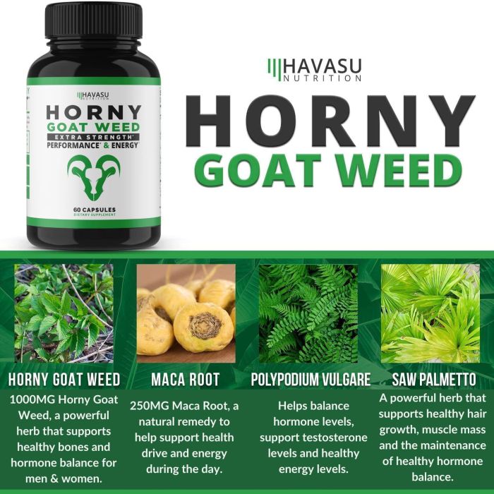 Havasu Horny Goat Weed Extra Strength label with key ingredients and usage instructions.