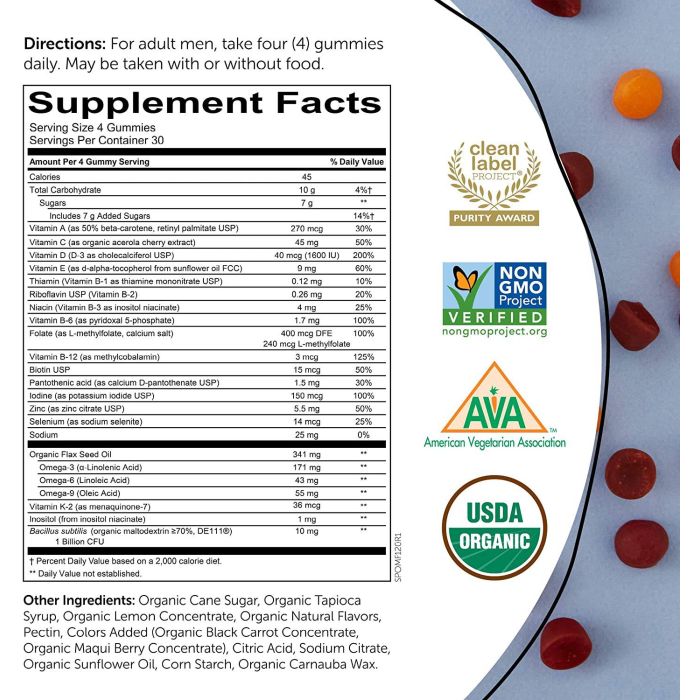 Smarty Pants Organics Men's Formula Multivitamin Probiotics 120 Gummy