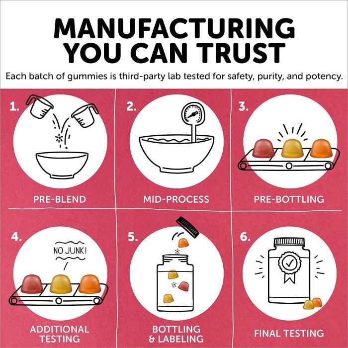 The manufacturing process of supplementcorners Smarty Pants Womens Formula Gluten Free Multivitamin 180 Gummies involves six steps: pre-blend mixing, mid-process stirring, pre-bottling conveyor with No Junk testing, bottling, and labeling, ensuring essential nutrients are sealed in for final testing.