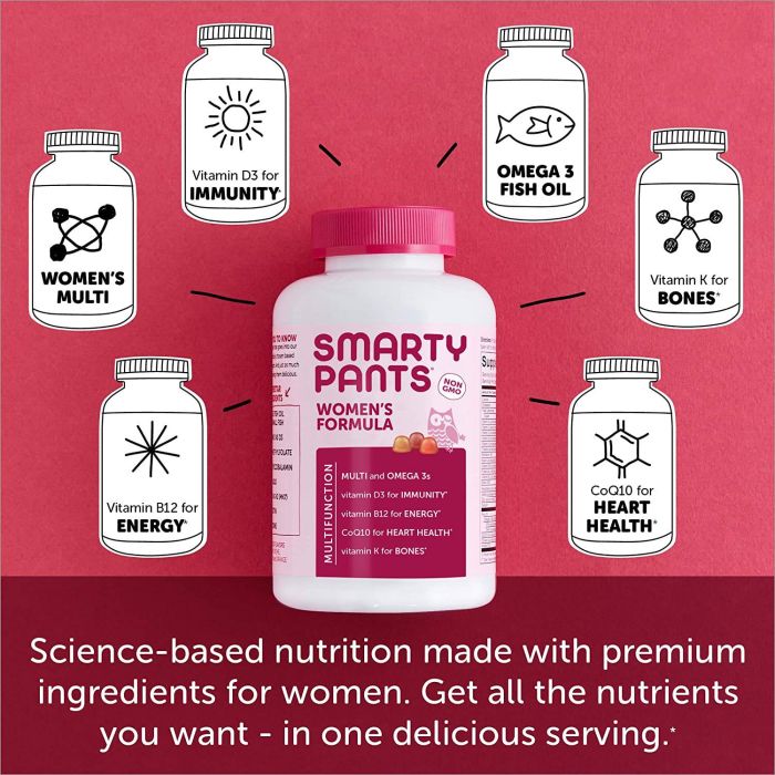 A bottle of supplementcorners Smarty Pants Womens Formula Gluten Free Multivitamin, 180 Gummies, is surrounded by images illustrating benefits: vitamin D3 for immunity, omega-3 for heart health, and vitamin B12 for energy. Text highlights essential nutrients and science-based nutrition for women.