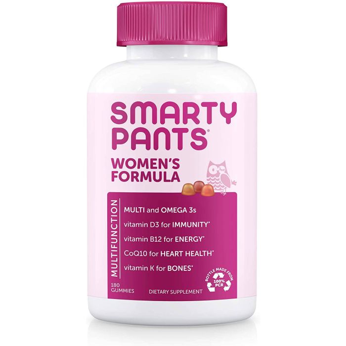 The Supplementcorner Smarty Pants Womens Formula Gluten Free Multivitamin offers 180 gummies rich in essential nutrients like Omega-3s, vitamin D3 for immunity, B12 for energy, CoQ10 for heart health, and vitamin K for bones.