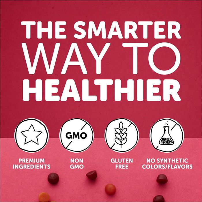 With a pink and red background, The Smarter Way to Healthier is highlighted alongside icons for premium ingredients, non-GMO, gluten-free, and no synthetic colors/flavors. The supplementcorner Smarty Pants Womens Formula Multivitamin includes small brown, red, and orange gummies at the bottom.
