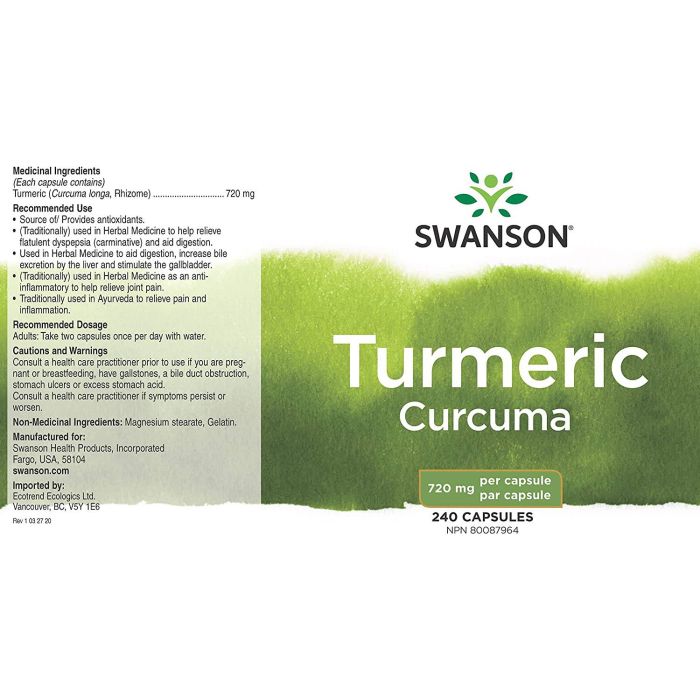 Swanson Turmeric Curcuma Antioxidant Supplement 240 Caps