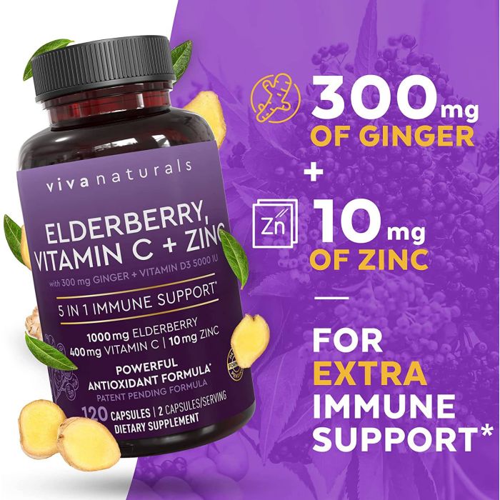 "Supplement facts panel for Viva Naturals immune support showing elderberry, ginger, and vitamin D3"