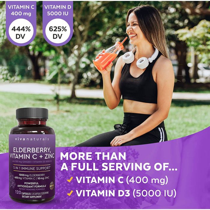 "Vegan elderberry capsules for immunity and respiratory health – Viva Naturals 5-in-1 formula, 120 count"