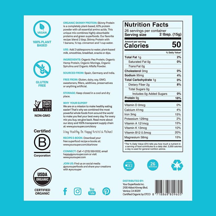 Your Super Skinny Protein Organic Superfood Mix Powder 14.1 Oz.