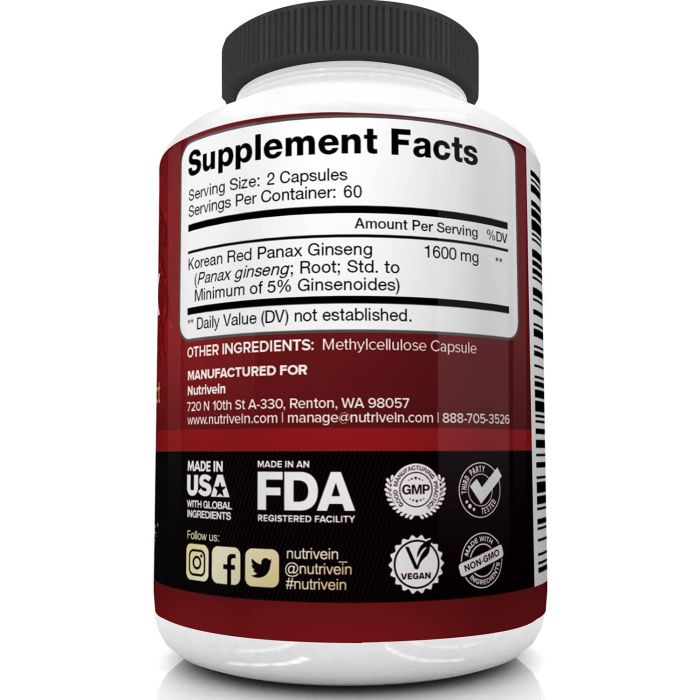 Nutrivein Pure Korean Red Panax Ginseng Energy Boost 120 Veggie Caps