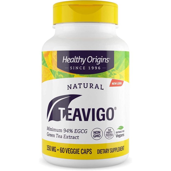 "Healthy Origins Teavigo supplement packaging highlighting caffeine-free green tea extract, 150 mg per capsule"

