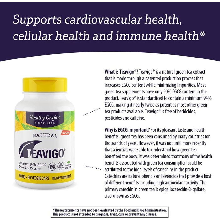 Healthy Origins Teavigo supplement packaging highlighting caffeine-free 



