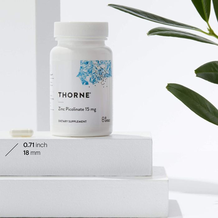 "Front label of Thorne Zinc Picolinate 15 mg showing purity and NSF Certified for Sport seal"