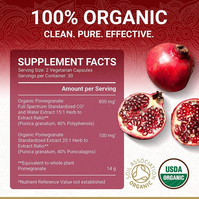 Supplement facts for True Veda Organic Pomegranate Extract – featuring Vitamin C, ellagic acid, and pomegranate extract for overall wellness.