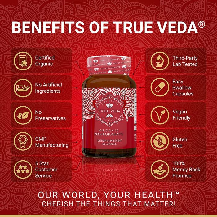 True Veda Organic Pomegranate Extract bottle – vegan, gluten-free supplement for antioxidant support and healthy aging.