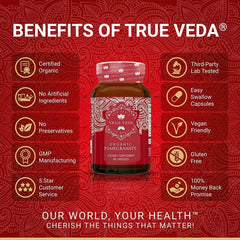 True Veda Organic Pomegranate Extract bottle – vegan, gluten-free supplement for antioxidant support and healthy aging.