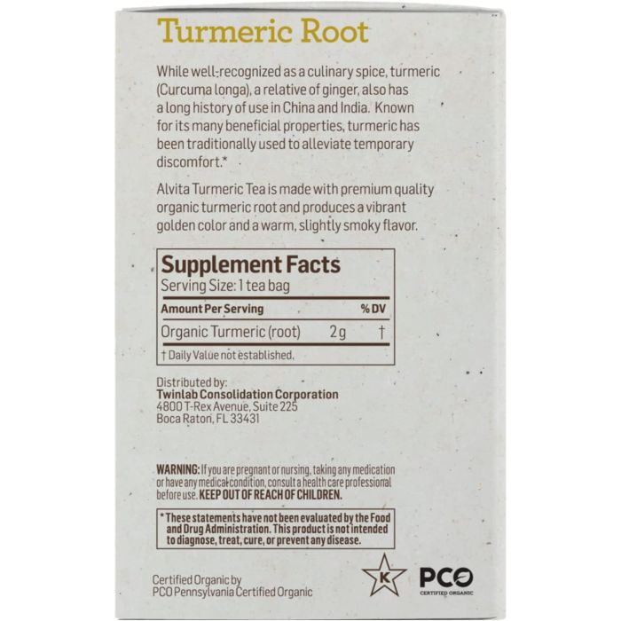 "Supplement Facts panel showing turmeric root content per tea bag"