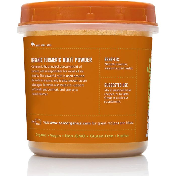 "Back label of BareOrganics Turmeric – supplement facts and usage guide"