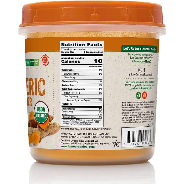 "BareOrganics Turmeric Root Powder 8 oz – USDA Organic joint and inflammation support"