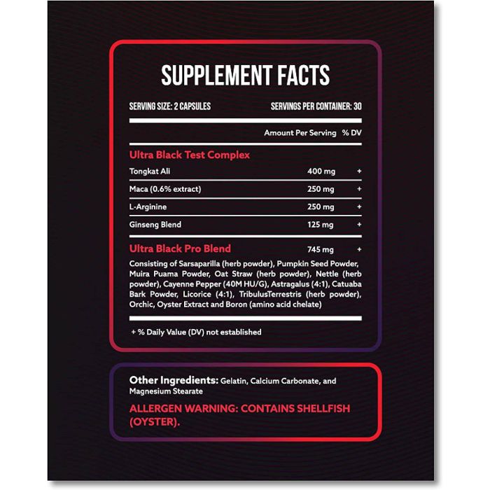 Bottle of Ultra Black Ultimate Testosterone Max Strength Booster with Fenugreek Extract and Tribulus Terrestris.